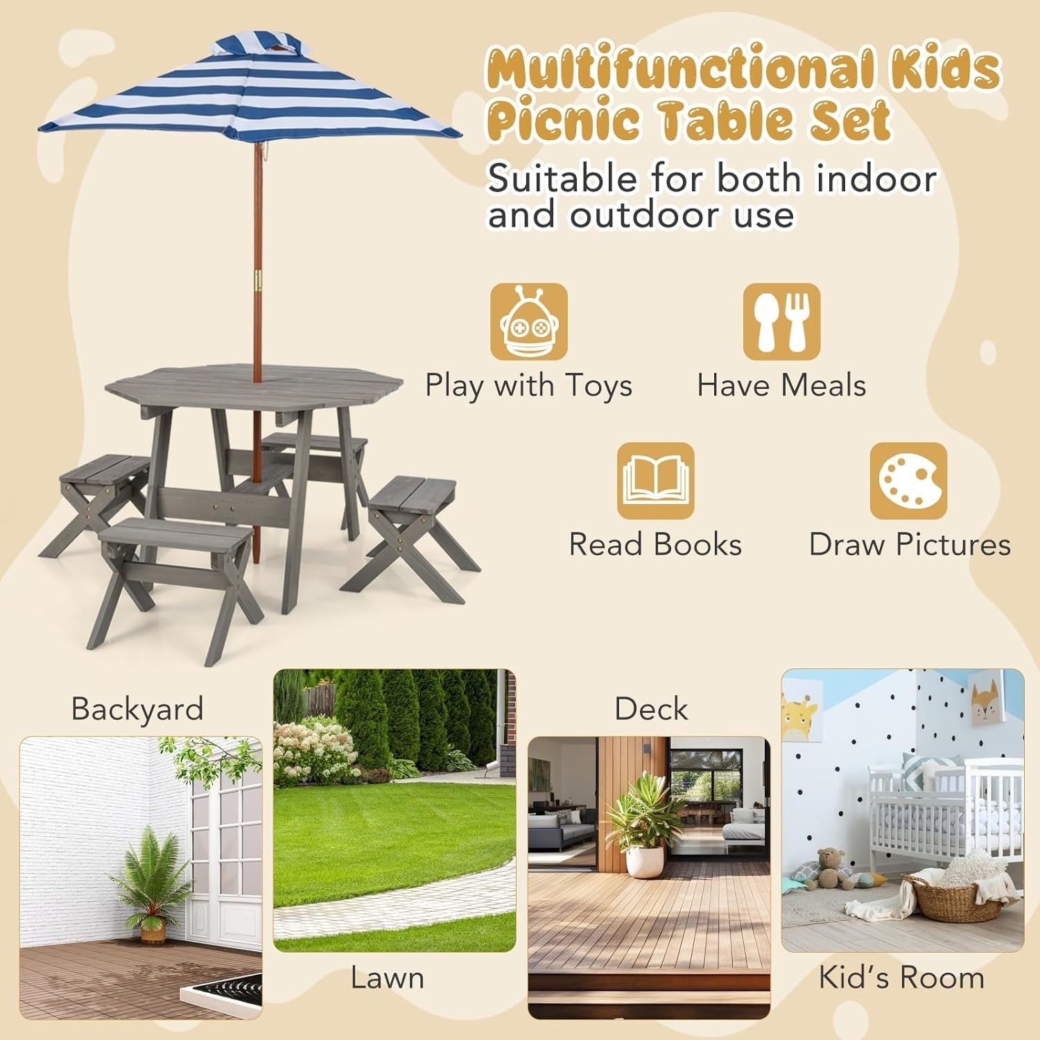 Kids Wooden Picnic Table Set w/ 4 Stools & Adjustable Umbrella Outdoor Indoor