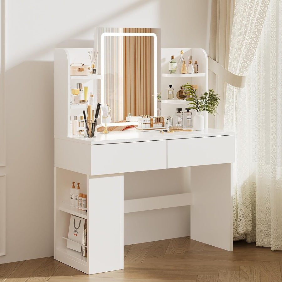 White Dressing Table Makeup Vanity LED Mirror 2 Drawers Storage Modern Wood