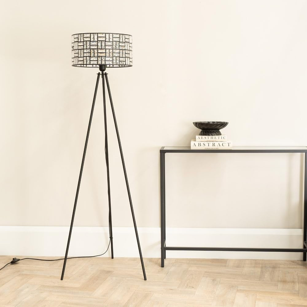 Black Tripod Floor Lamp Clear Acrylic Jewel Drum Shade Glam Light
