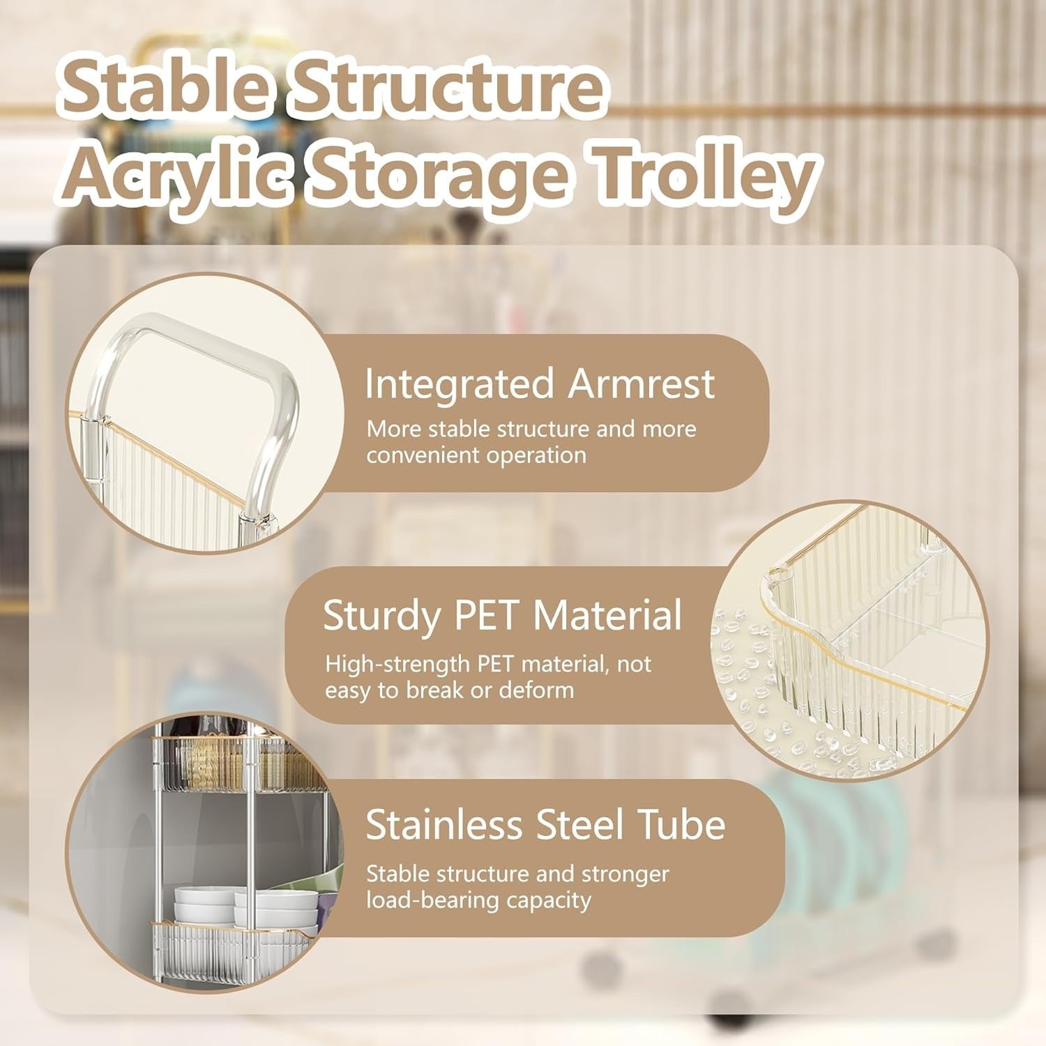 4 Tier Clear Rolling Storage Trolley Acrylic Utility Cart with Wheels
