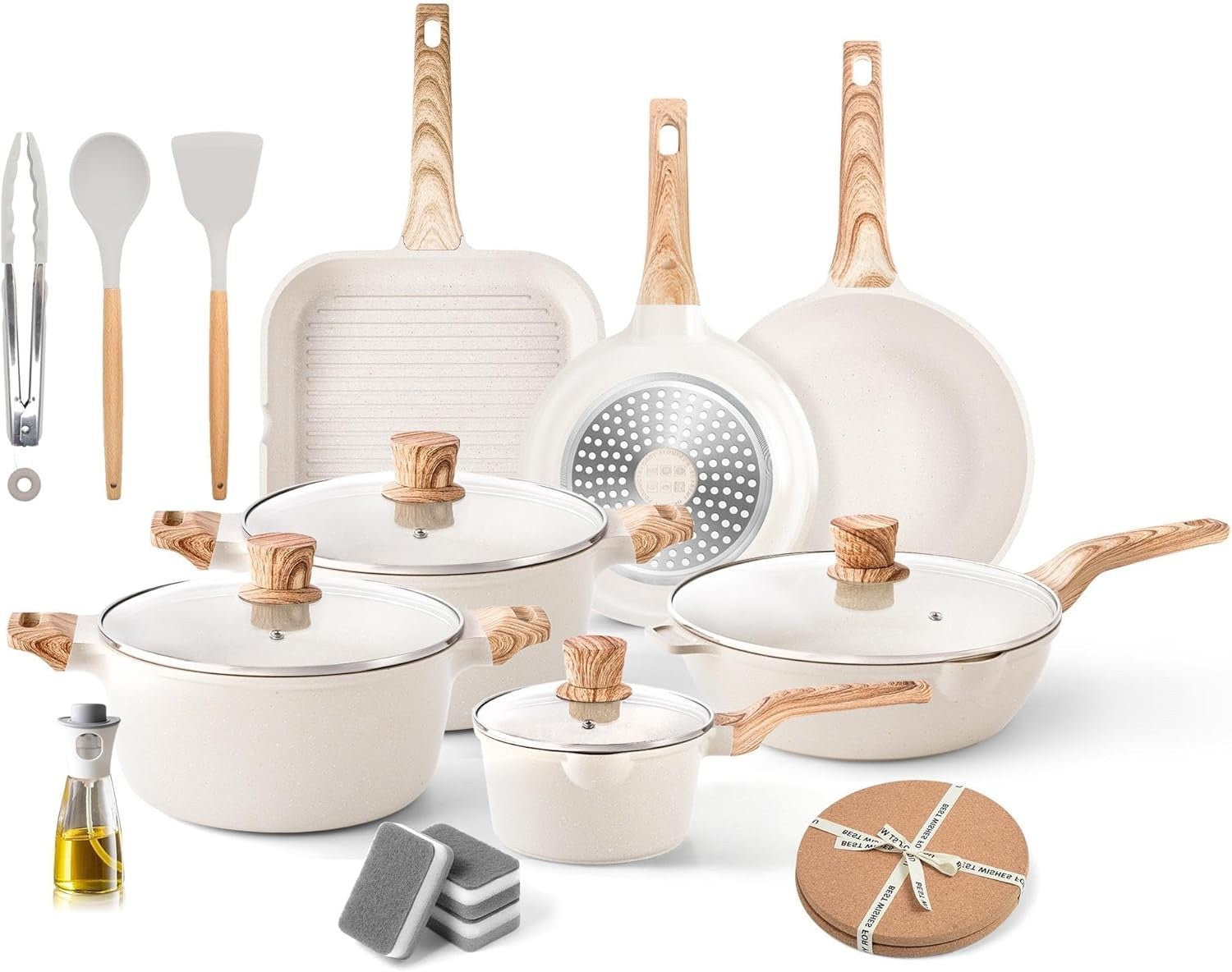11Pcs Beige Non Stick Cookware Set with Grill Pan & Lids