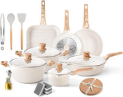11Pcs Beige Non Stick Cookware Set with Grill Pan & Lids