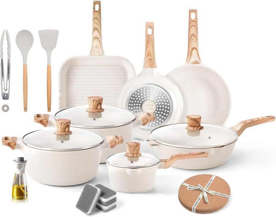 11Pcs Beige Non Stick Cookware Set with Grill Pan & Lids