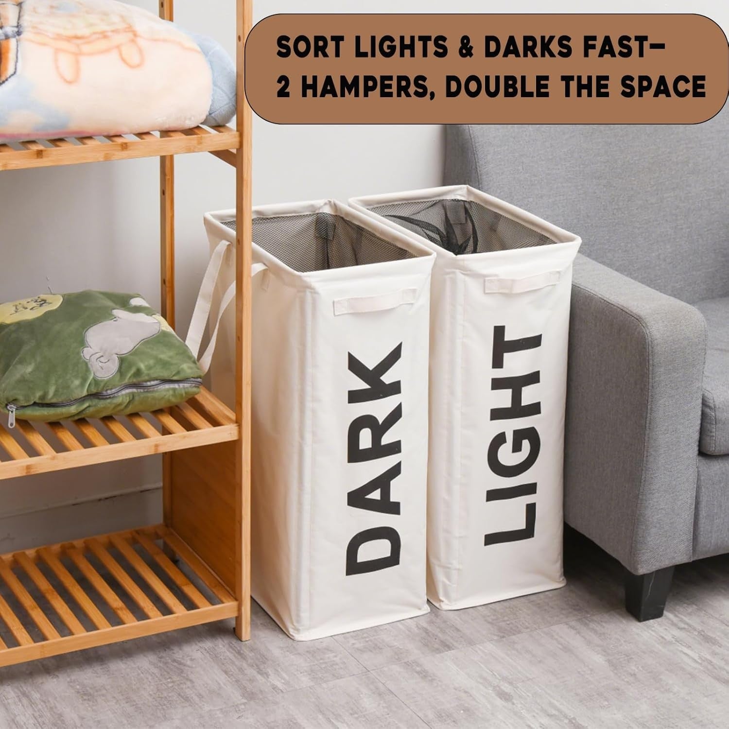 Tall Slim Double Laundry Hamper Beige 63L Foldable Basket with Handles