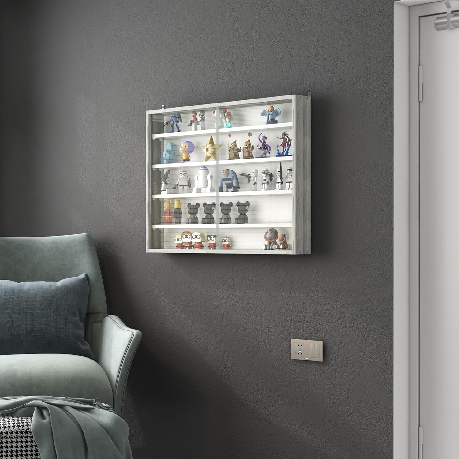 5-Tier Grey Wood Display Cabinet | Wall-Mounted Glass Sliding Door Shelf 60×80cm