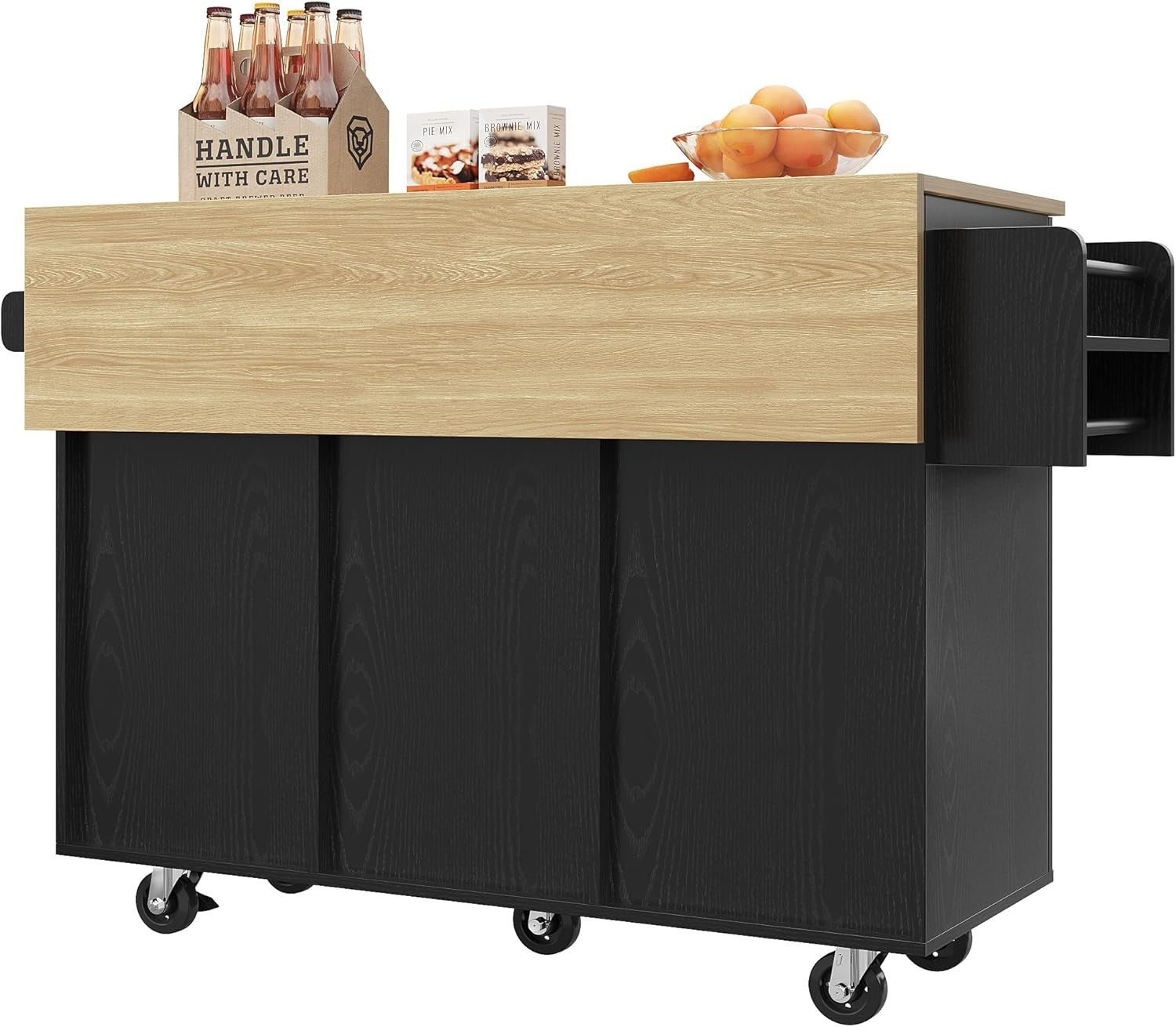 Black Rolling Kitchen Island with Foldable Worktop, Drawers & Cabinets