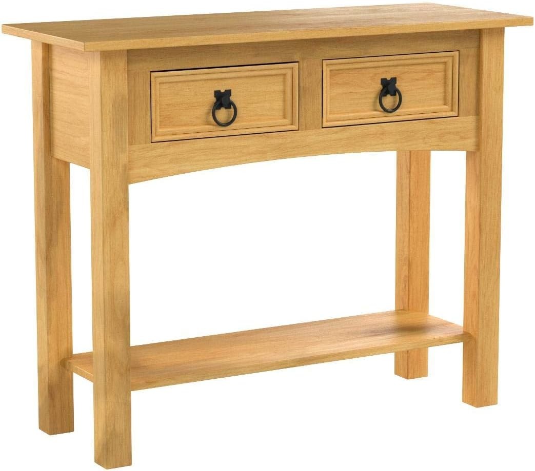 Rustic Pine Console Table with Drawers & Shelf, Solid Wood Hallway Unit