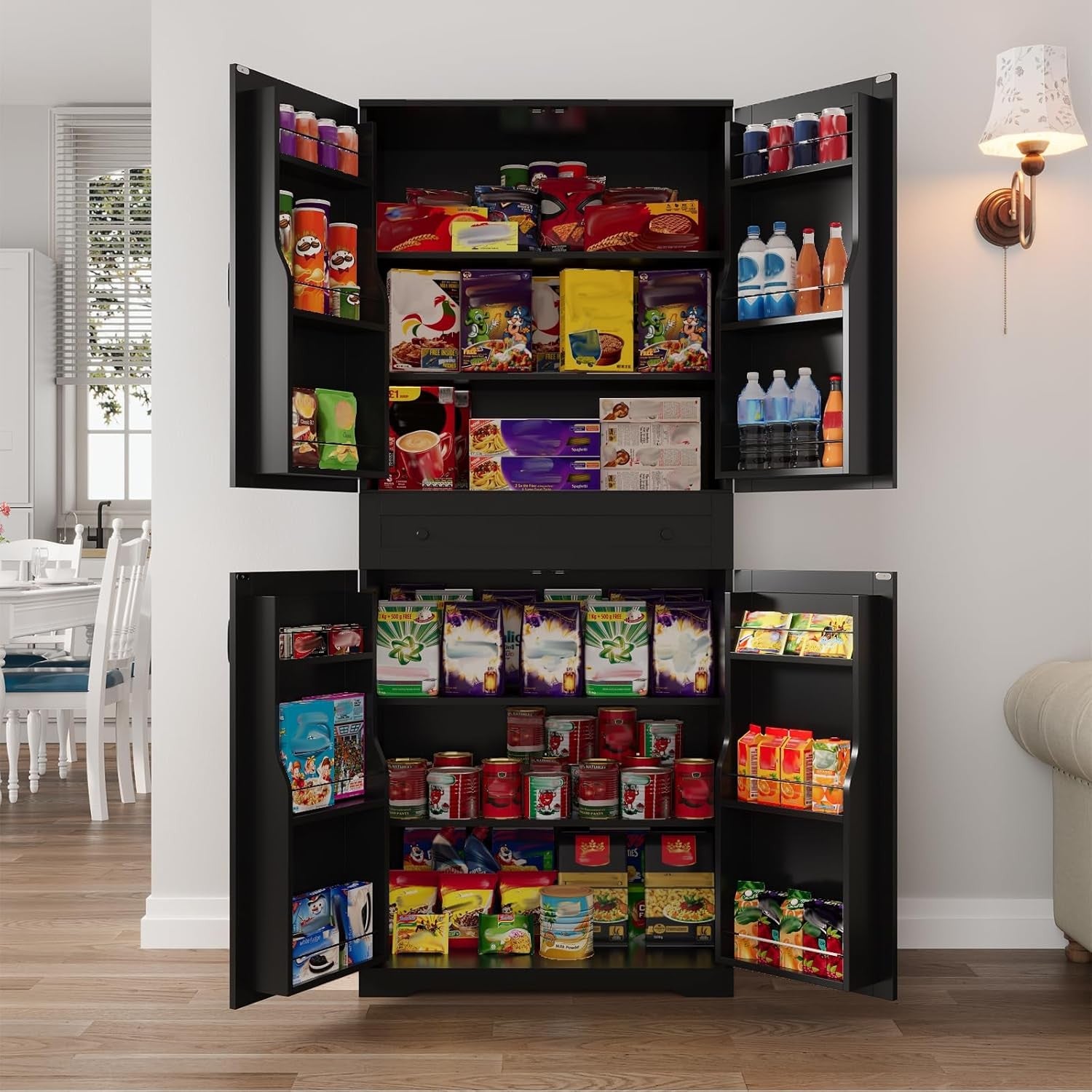 Black Kitchen Pantry Cupboard | Tall Sideboard Cabinet with Drawer & Shelves