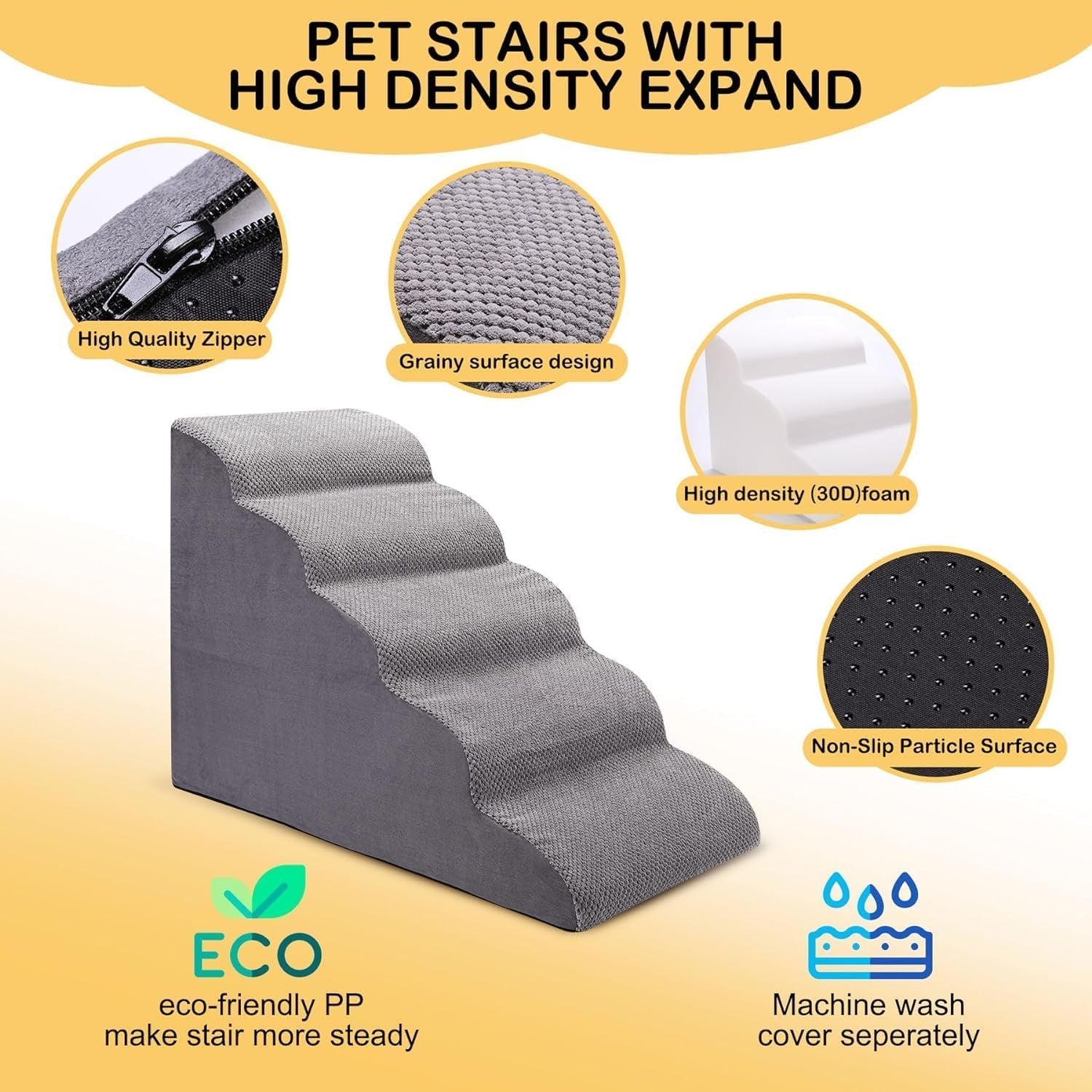 Wide Dog Stairs 5 Step Foam Pet Ramp 87x40x62cm Non Slip