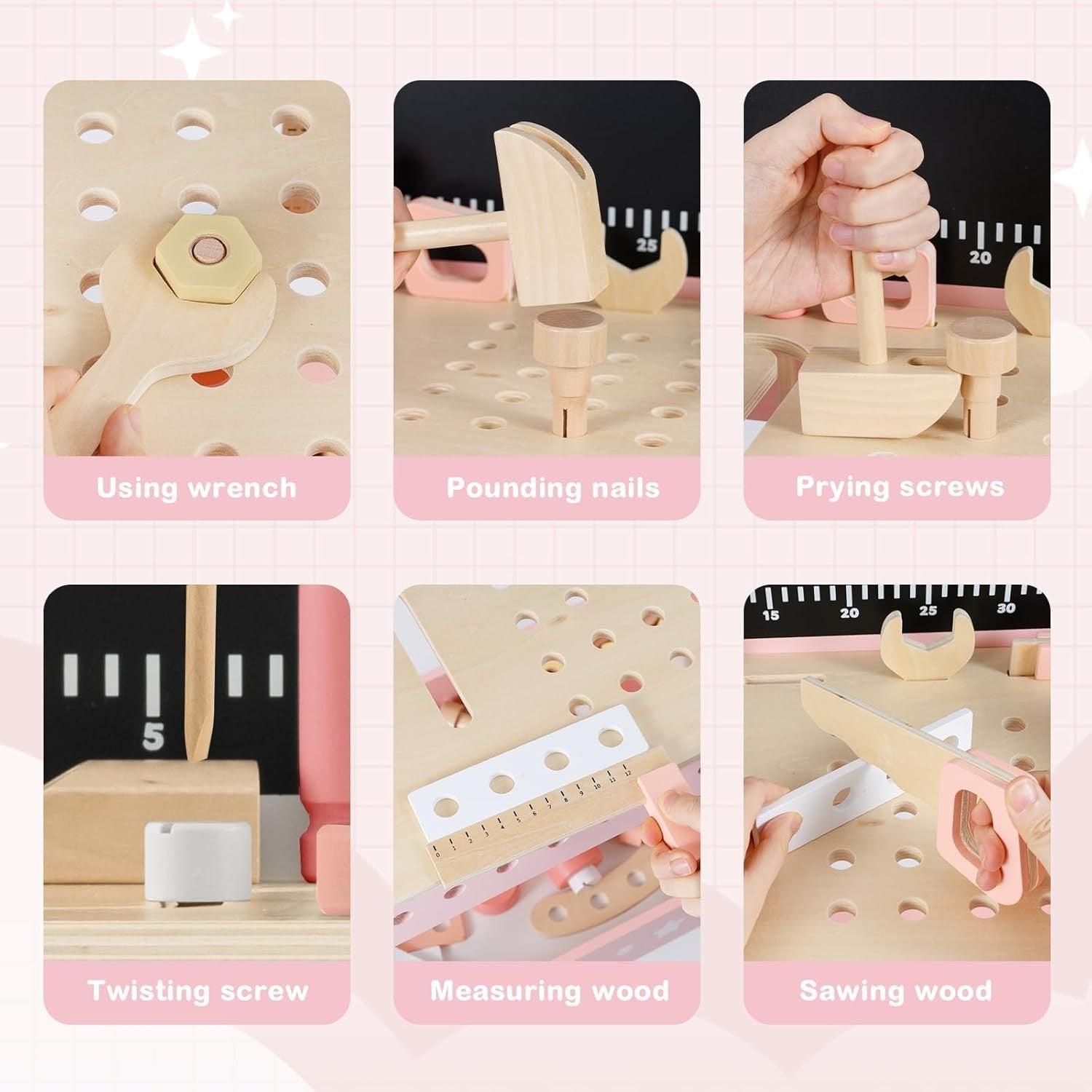 Pink Wooden Kids Workbench Tool Set 75pcs w/ Blackboard Clock Storage 50x29