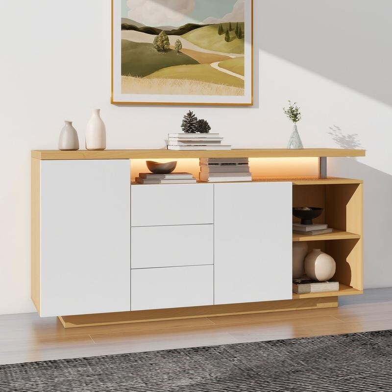 Modern White LED Sideboard Cabinet 2 Door 3 Drawer Push Open Storage