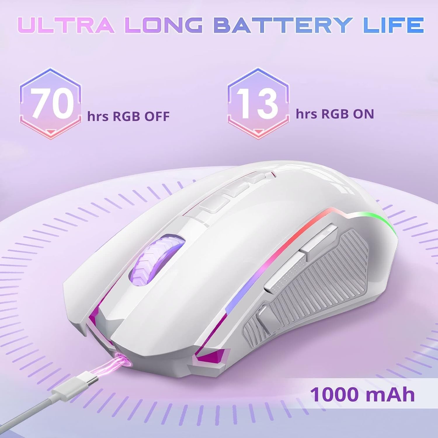 Wireless Gaming Mouse 8000 DPI RGB 9 Button Rechargeable White