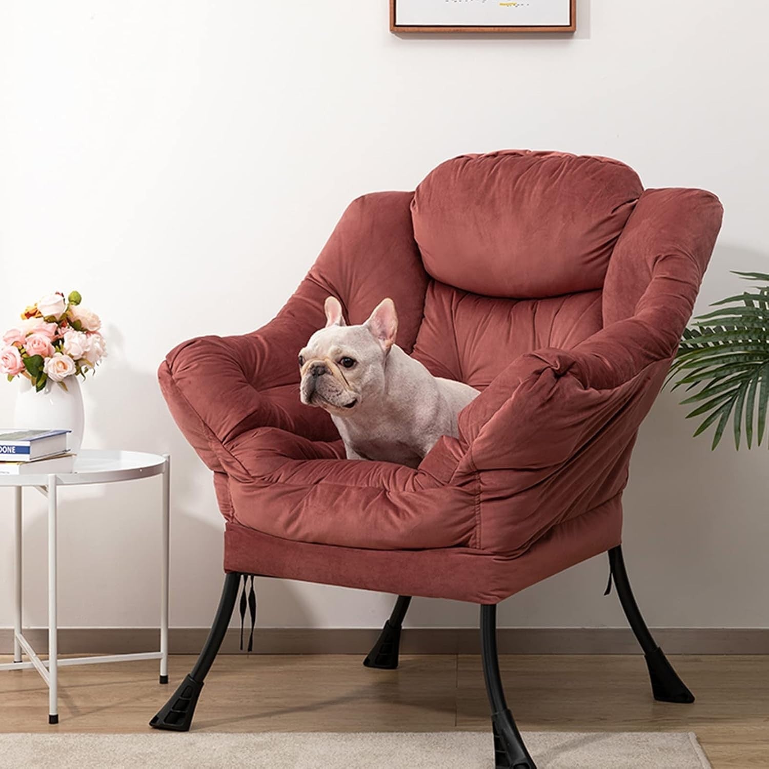 Velvet Accent Armchair Comfy Reading Chair Solid Steel Frame Pink Large