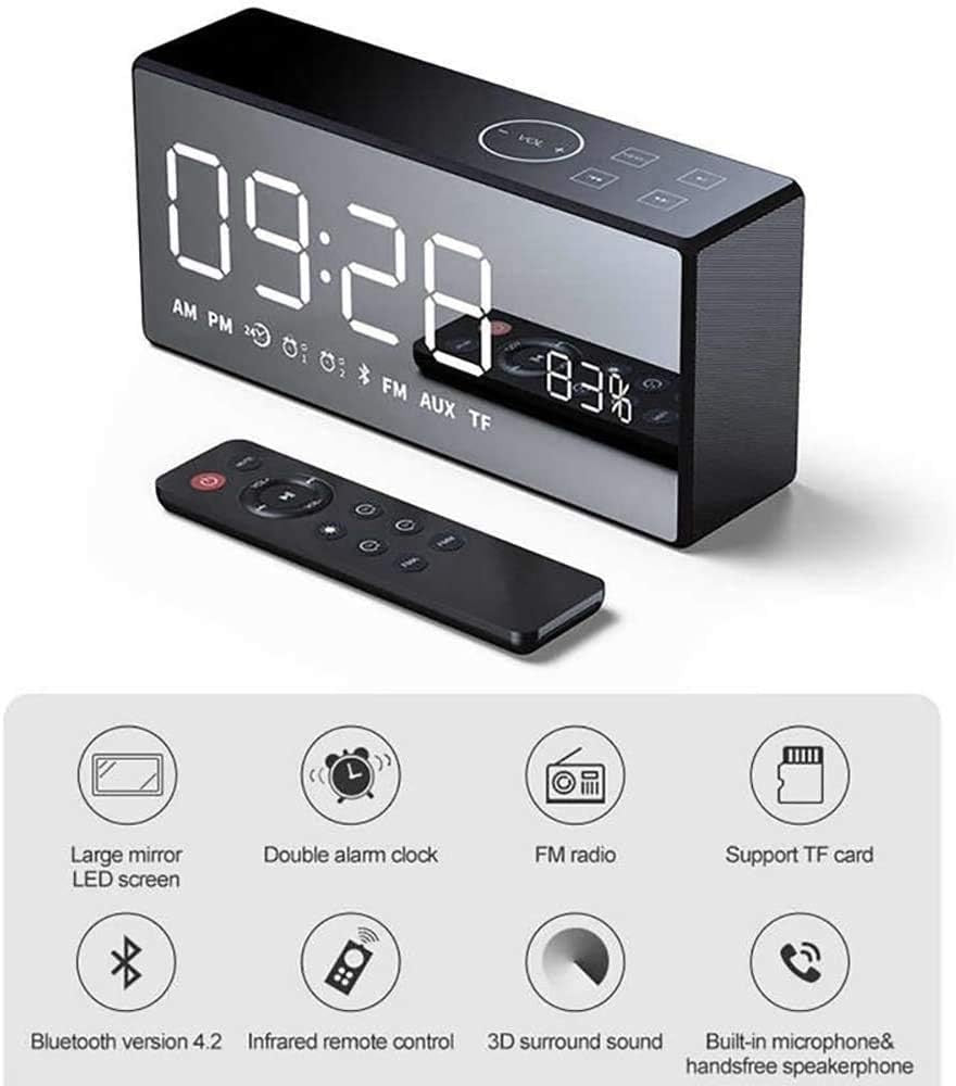 Black Digital Alarm Clock Bluetooth Speaker LED Display Remote 3D Sound