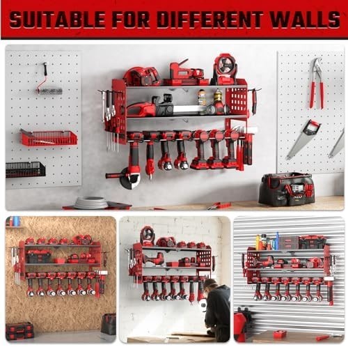 Wall Mounted Power Tool Organizer 3 Tier 7 Drill Rack Red