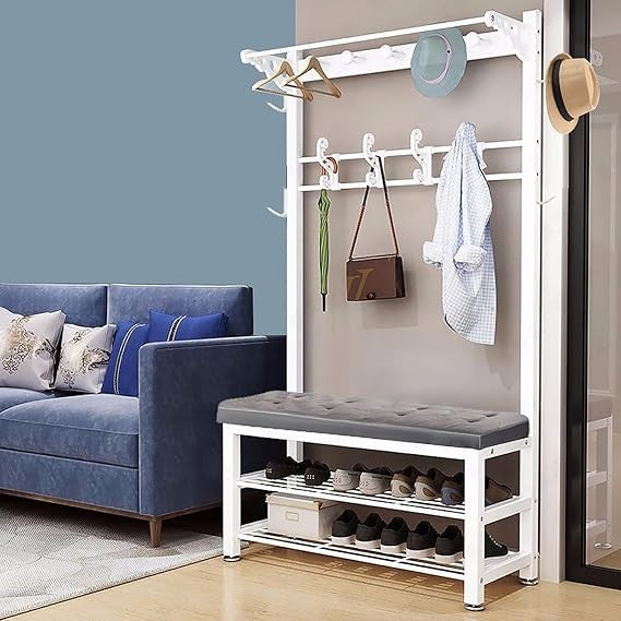 White Metal Coat Rack with Shoe Bench & Hooks – Elegant 3-in-1 Entryway Organize