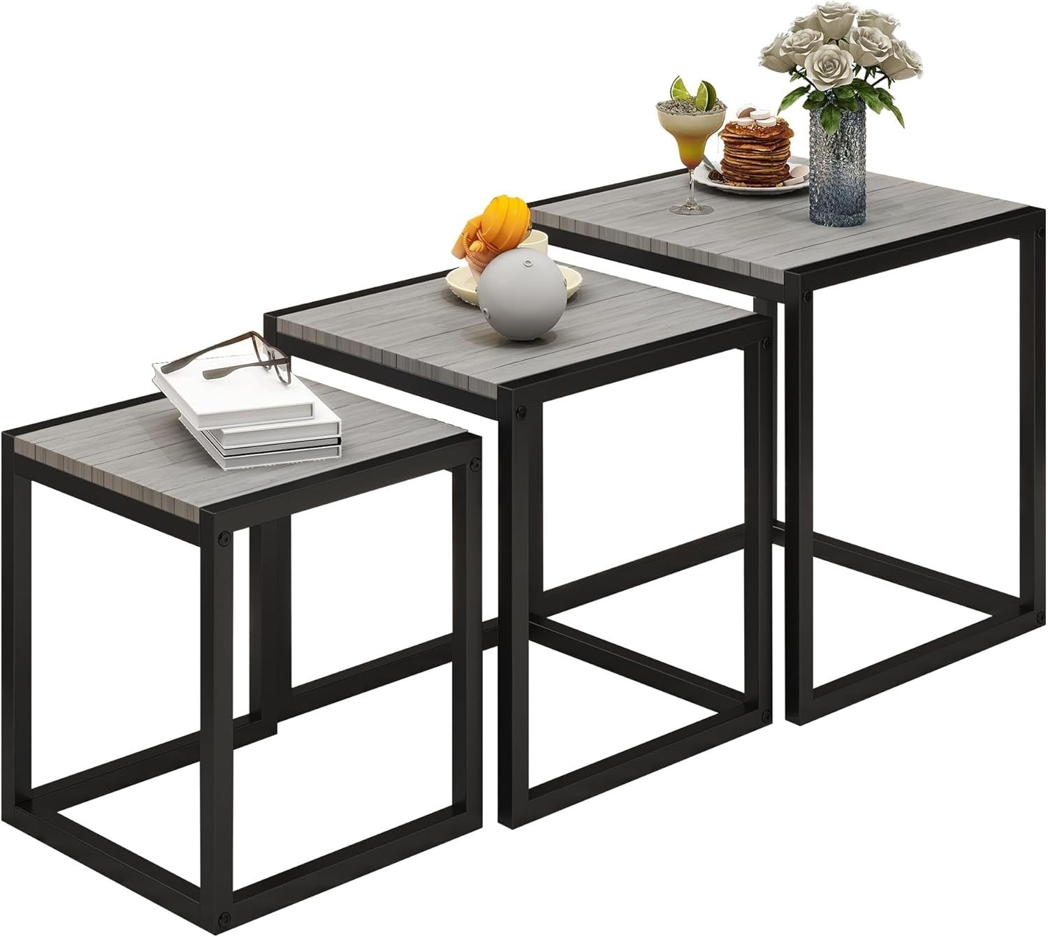 3 Nesting Coffee Tables Set Wood Metal Grey Round Side End Modern Living Room