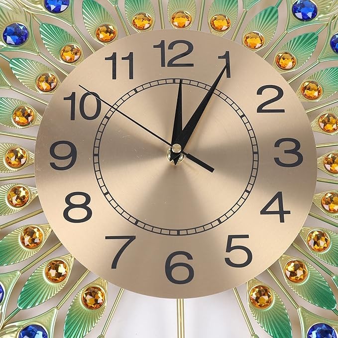 Luxury Peacock Wall Clock 60cm Diamond Decor Large Silent Metal Home Art