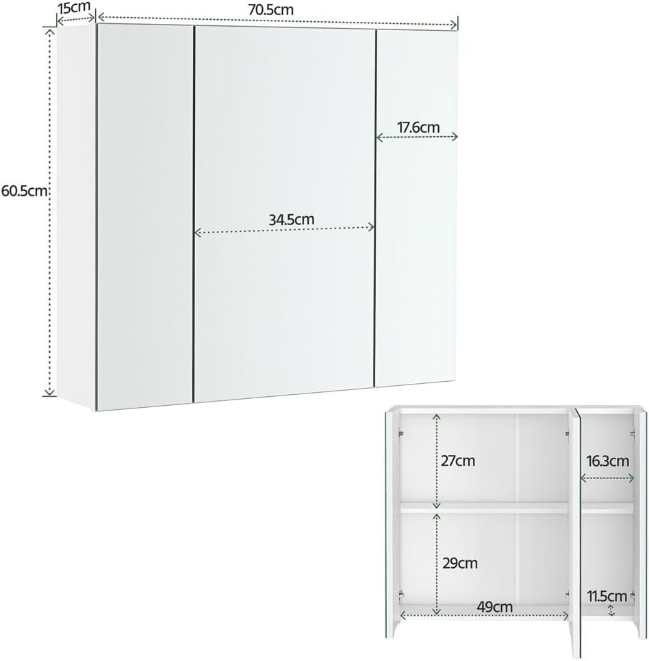 Bathroom Mirror Cabinet Wall Mounted | 3 Door Storage Unit | Modern White
