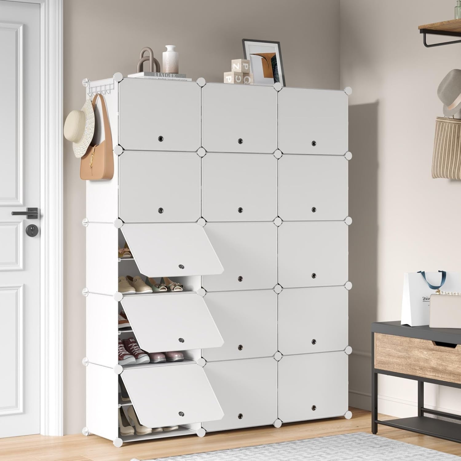 60 Pair Shoe Rack 3x10 Tier Modular Plastic Storage with Hooks & Removable