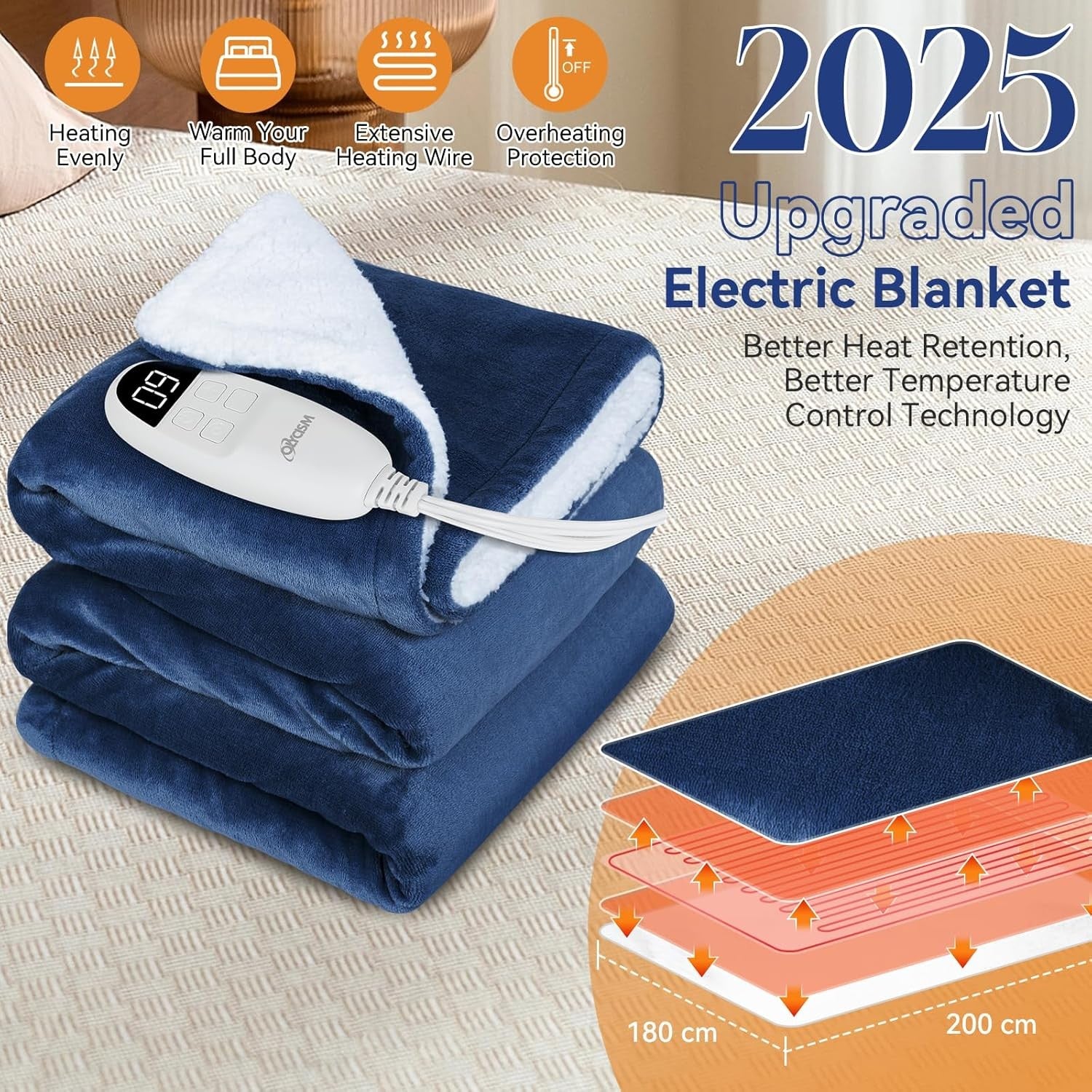 Electric Heated Blanket 180x200cm 9 Heat Levels Auto Off Washable Throw