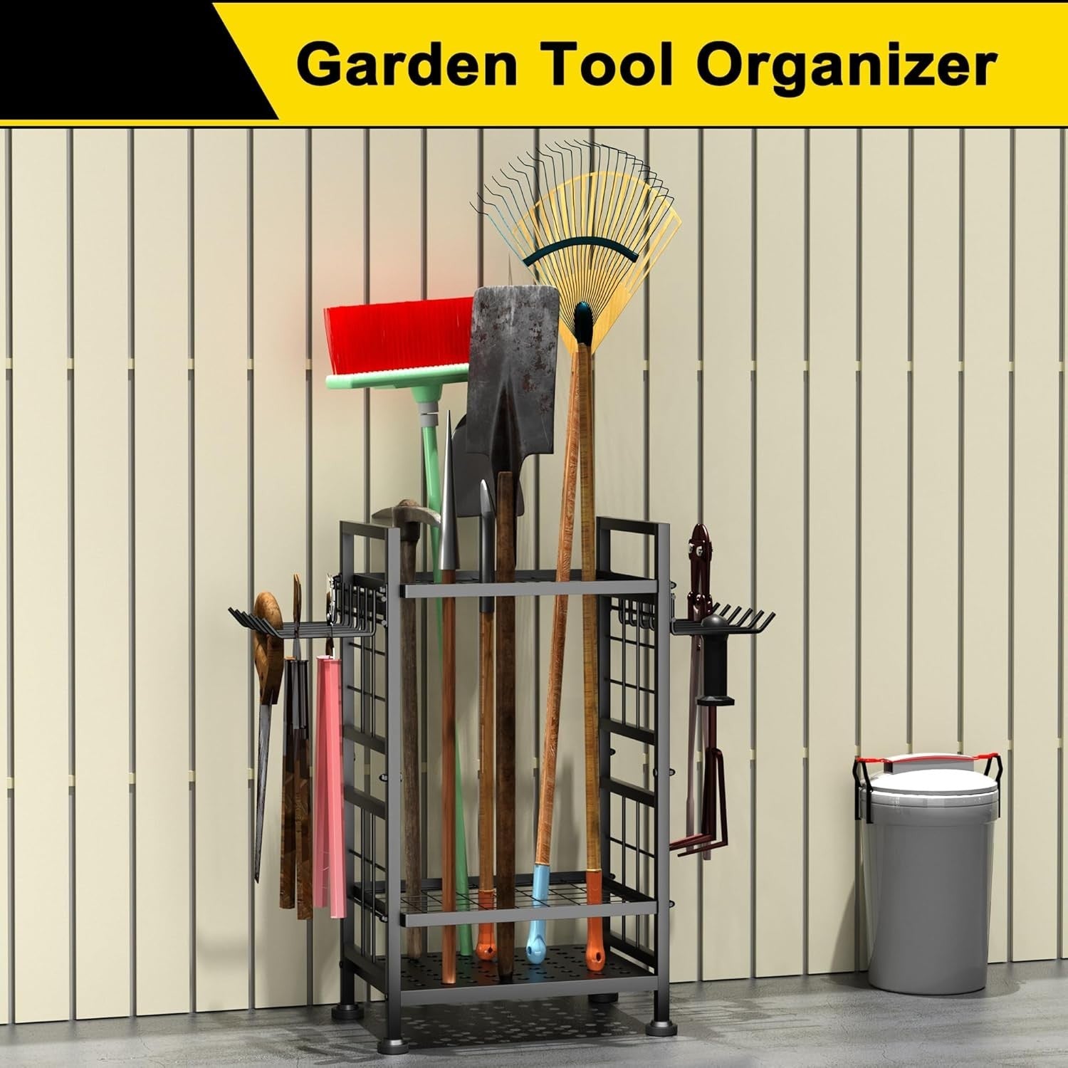 3-Tier Garden Tool Rack Metal Shed Storage Organizer Heavy Duty Black