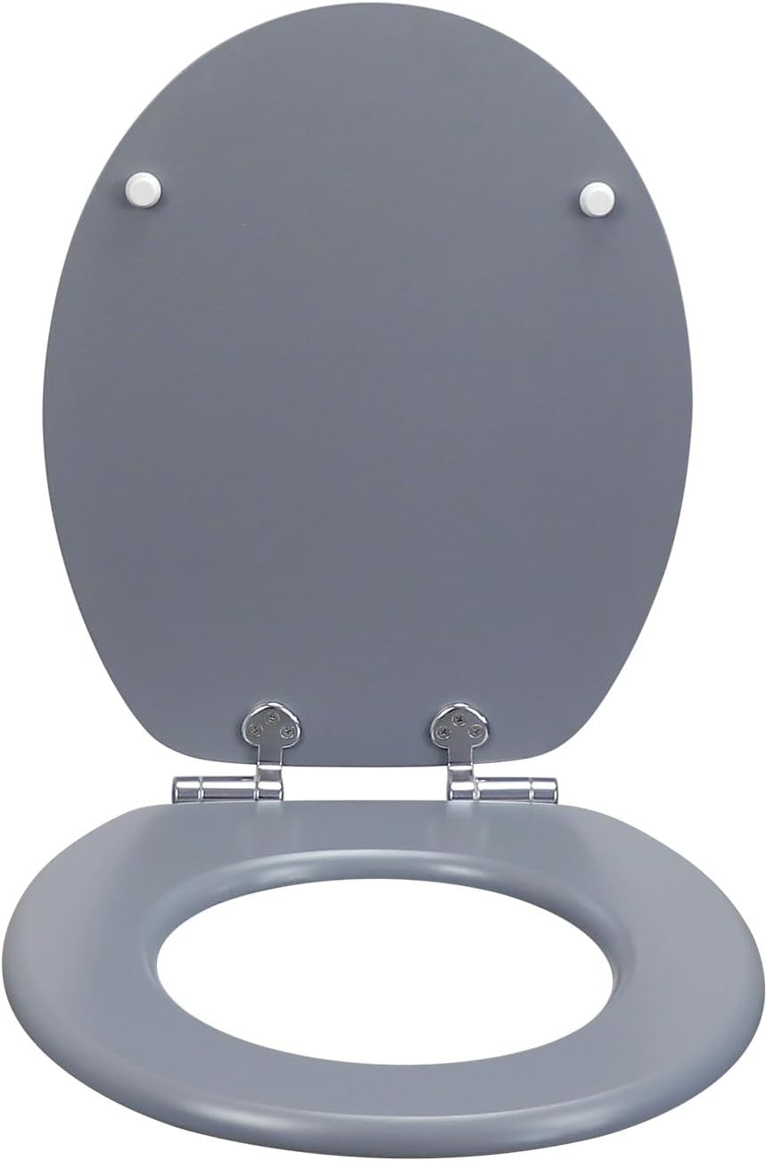 Grey Wooden Toilet Seat MDF Soft Close Adjustable Hinges 43.5x37.5cm