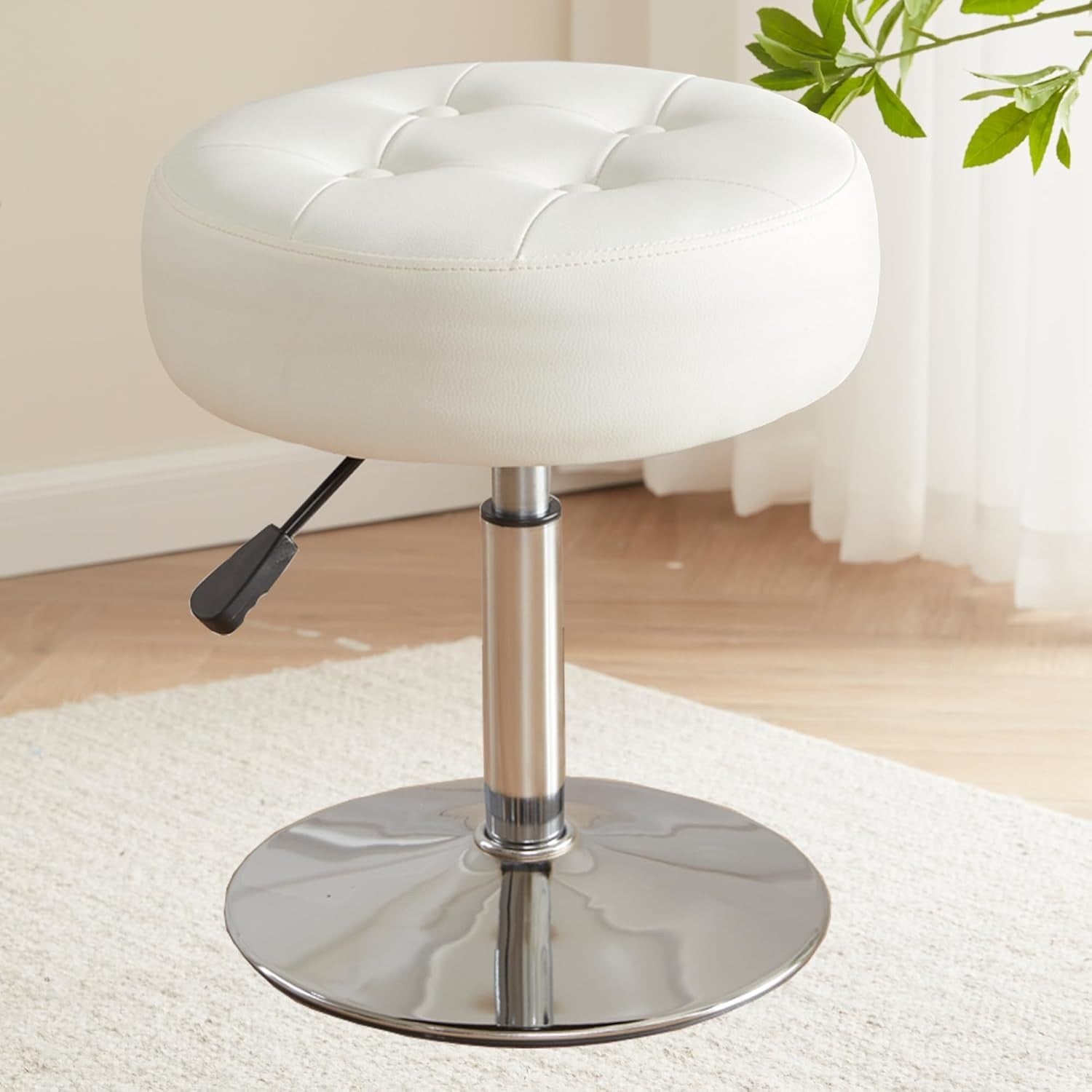 White PU Leather Swivel Vanity Stool – Adjustable Tufted Round Makeup Chair