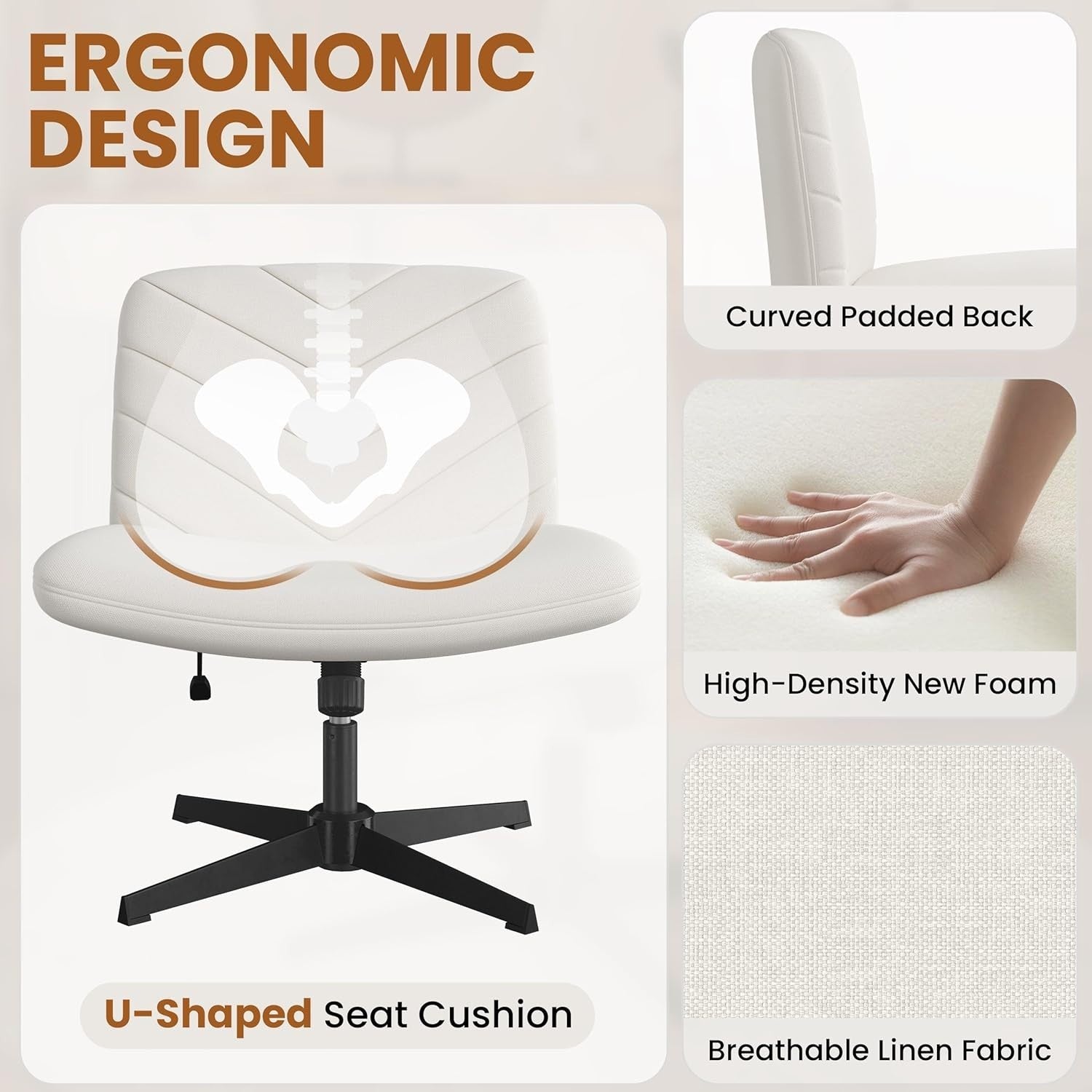 Office Chair Armless Desk Task Adjustable Height Swivel Study Home Beige