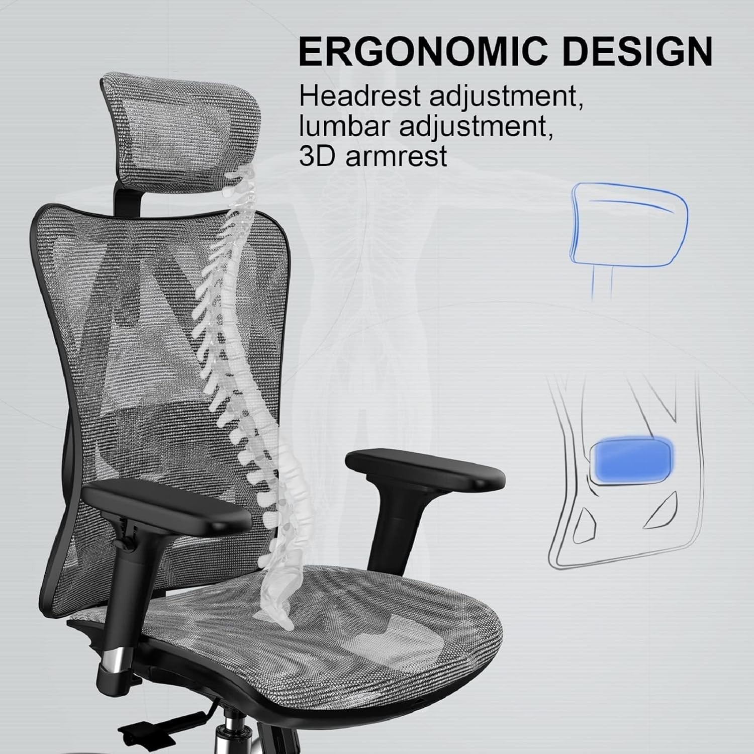 Ergonomic Office Chair Light Gray Mesh Back 3D Armrest Adjustable Headrest