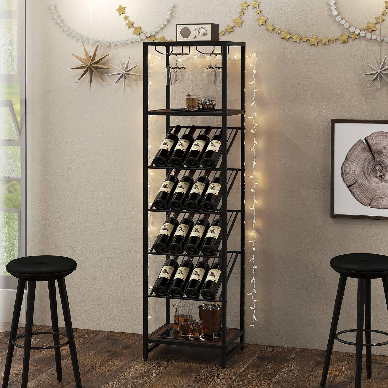 7-Tier Freestanding Wine Rack with Glass Holder, 16 Bottle Storage Shelf Unit