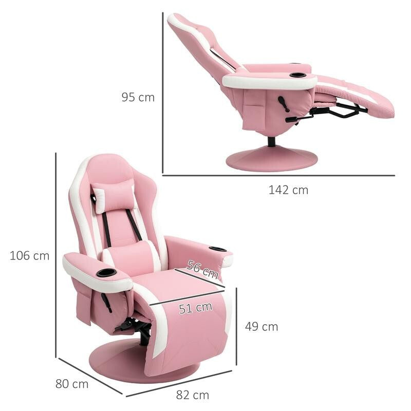 Pink Gaming Recliner Chair 360° Swivel PU Leather Seat w/ Footrest & Cups