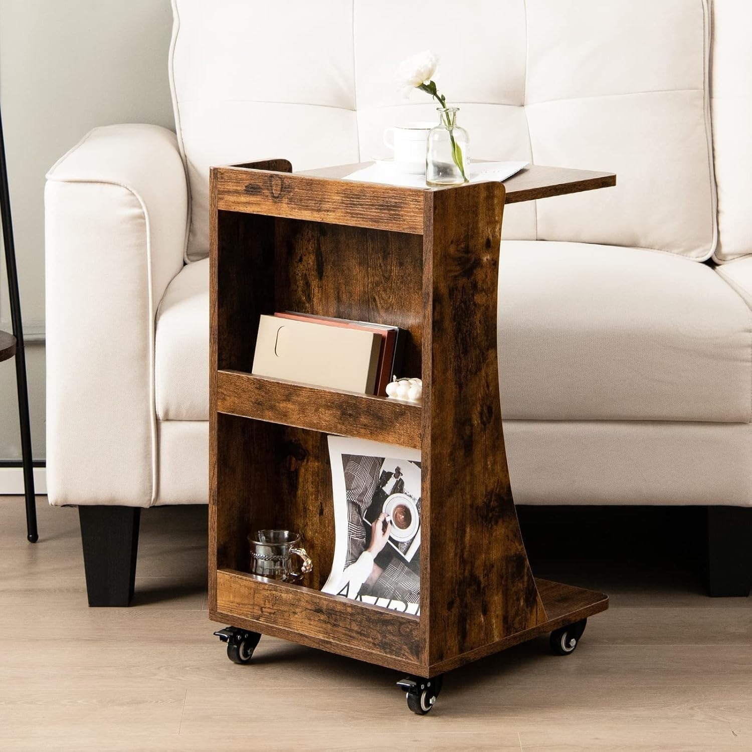 C-Shaped Sofa Side Table with Wheels & Storage – Overbed Snack Coffee Stand