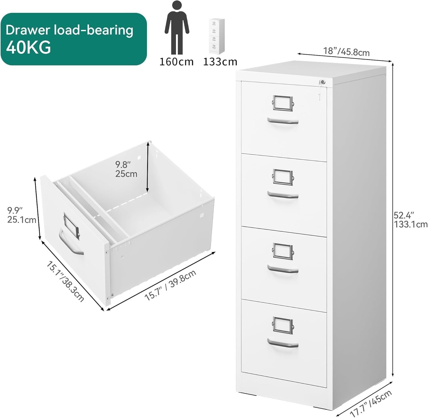 White 4 Drawer Lockable Filing Cabinet Anti Tip Vertical A4 Office Storage
