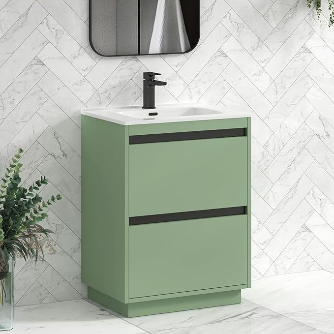 600mm Mint Green Floor Standing Vanity Unit with Basin Sink 2 Drawer Cabinet