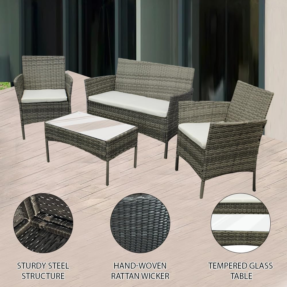 Outdoor Rattan Garden Sofa Set 4-Seater with Mixed Grey + Beige Cushions