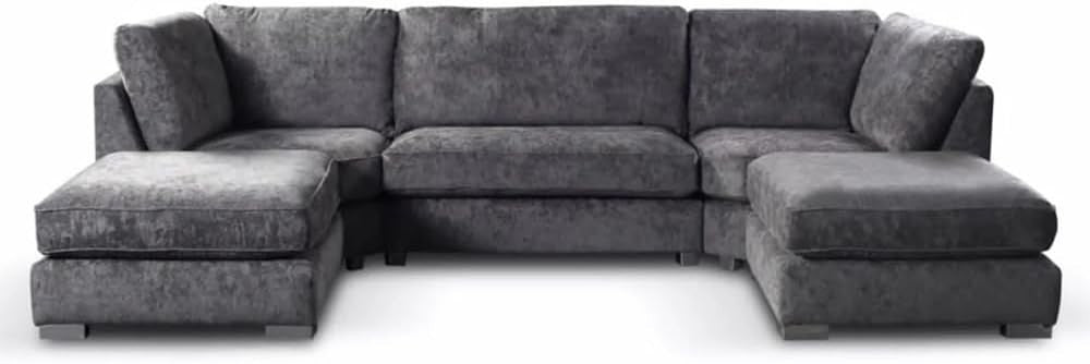 Grey U Shape Sectional Sofa 5 Seater with 2 Footstools – High Back Comfy Couch