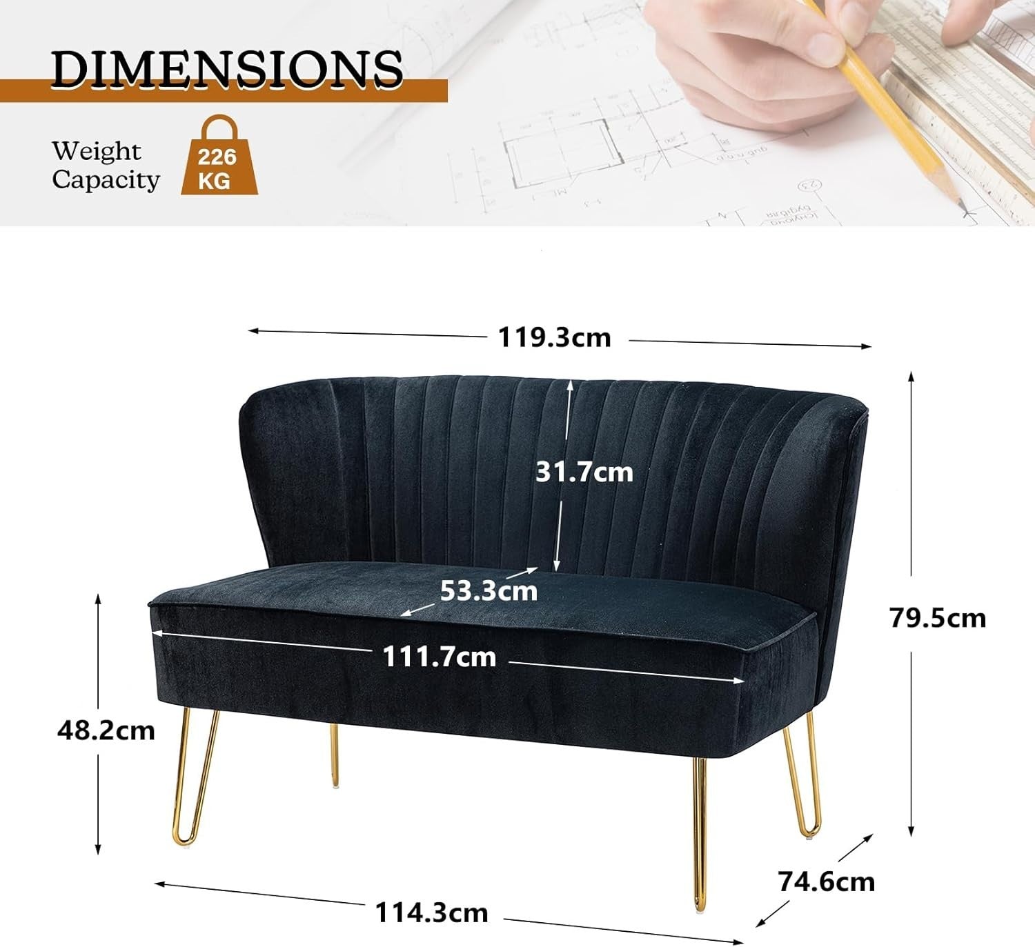 Black Velvet 2 Seater Sofa with Gold Legs Compact Loveseat for Lounge Flat