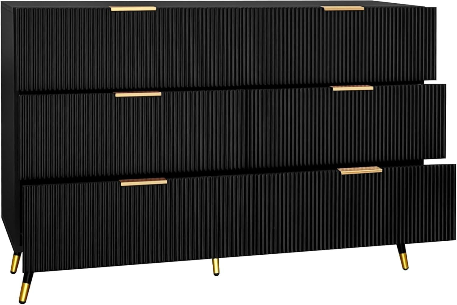 Black Sideboard Cabinet 6 Drawers Storage Unit Gold Handles 120cm