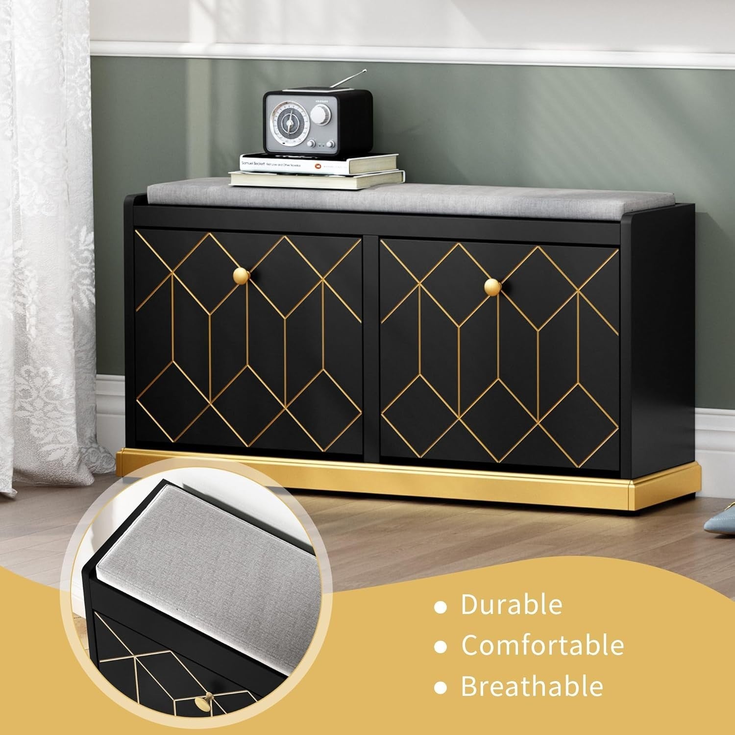 Black Shoe Bench with Cushion & Flip Drawer Hallway Storage 99.6x27.2x49.5cm