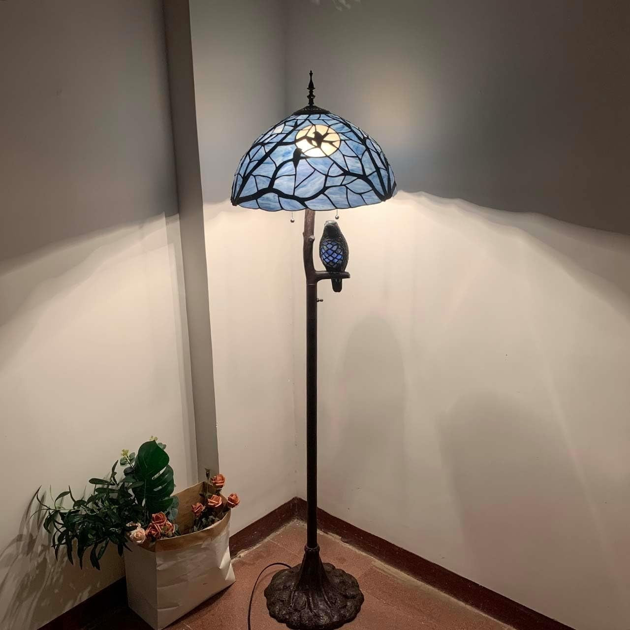 Stained Glass Owl Floor Lamp 65” Tall Antique Branch Design Full Moon Light