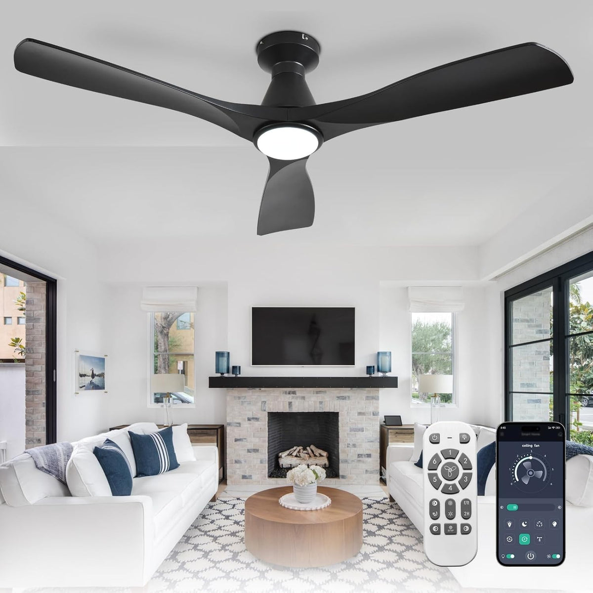 52" Ceiling Fan Light, 3-Blade LED, Reversible Quiet DC Motor, Black