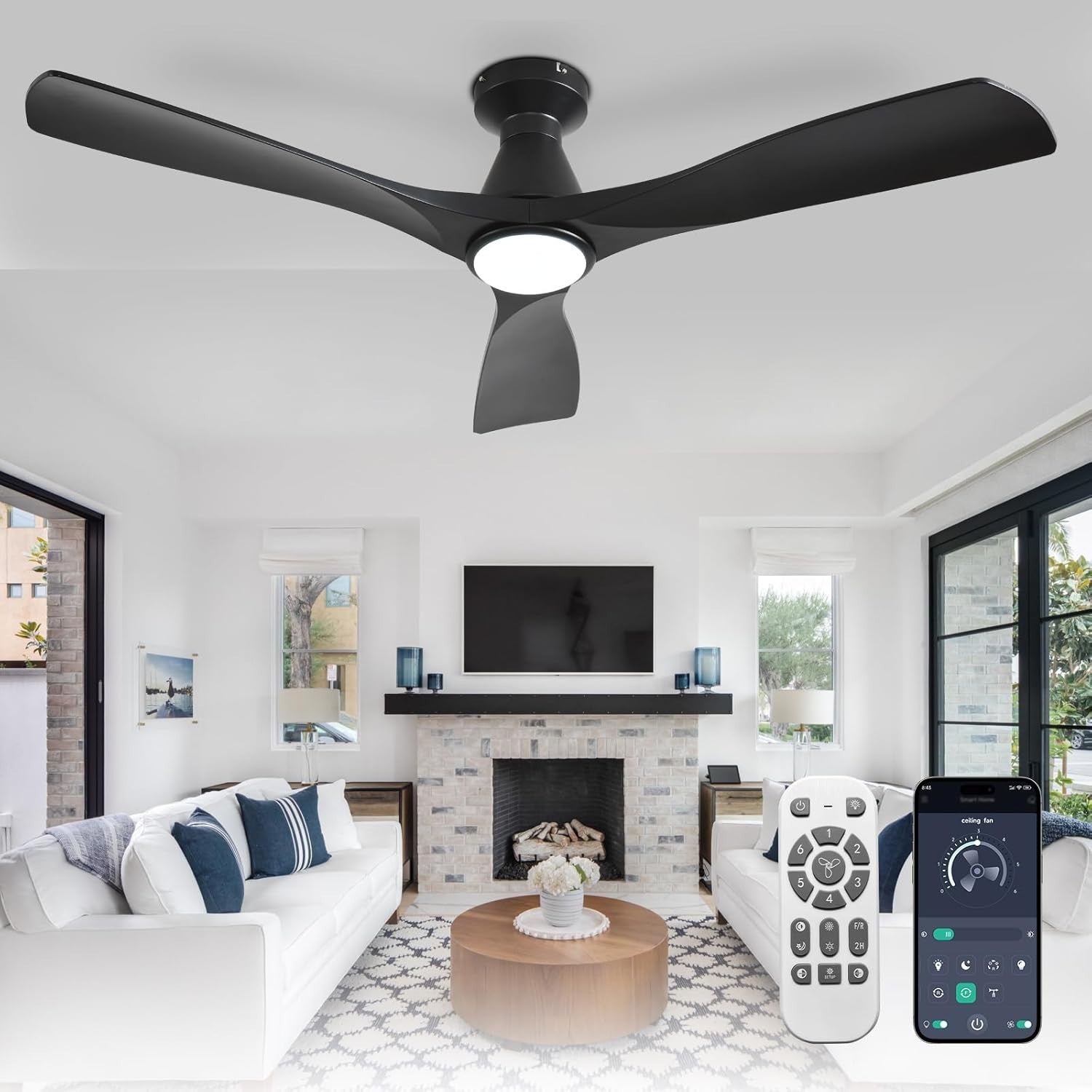 52" Ceiling Fan Light, 3-Blade LED, Reversible Quiet DC Motor, Black