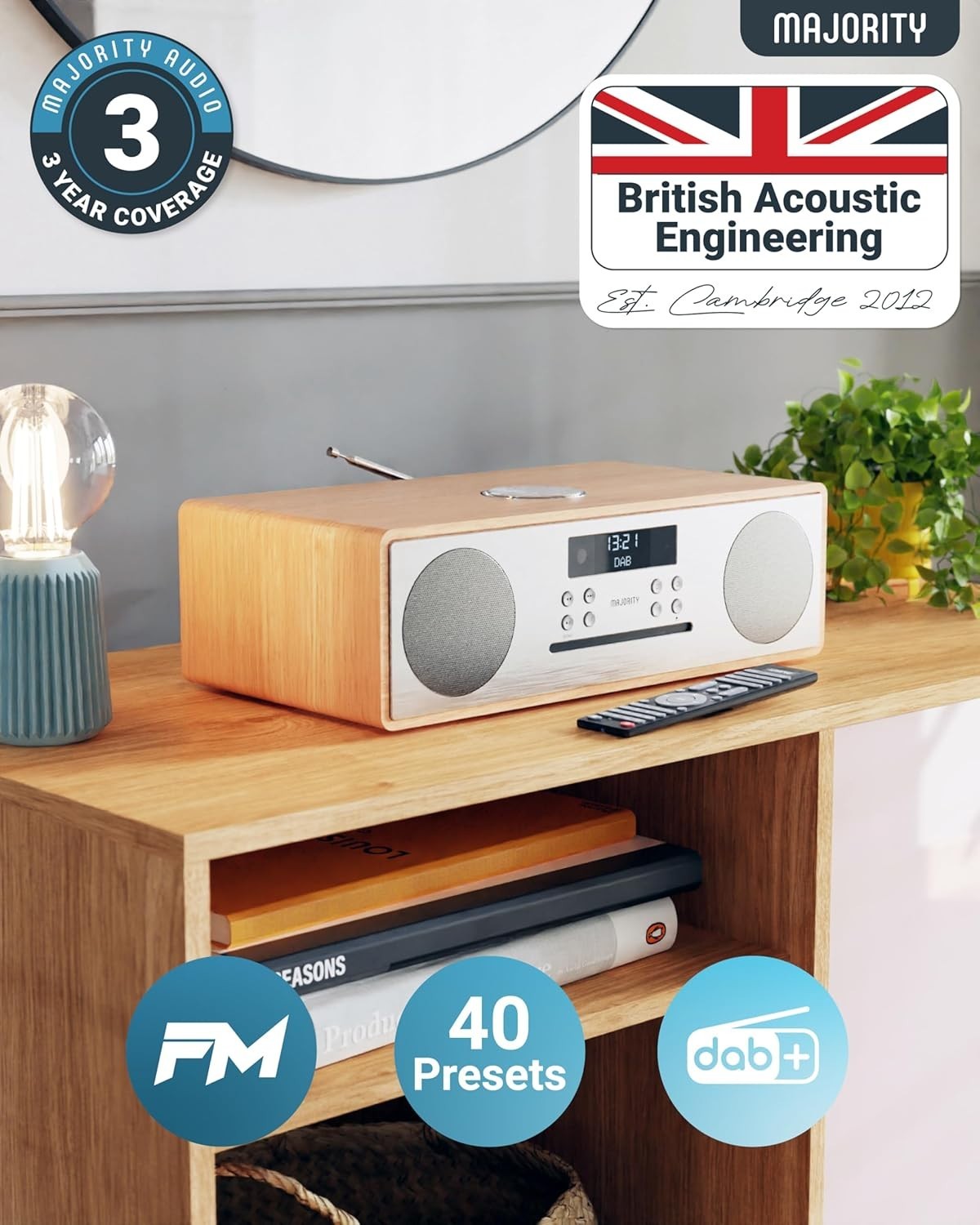 Wooden DAB+ CD Player Bluetooth HiFi Stereo FM Alarm USB Remote Oak