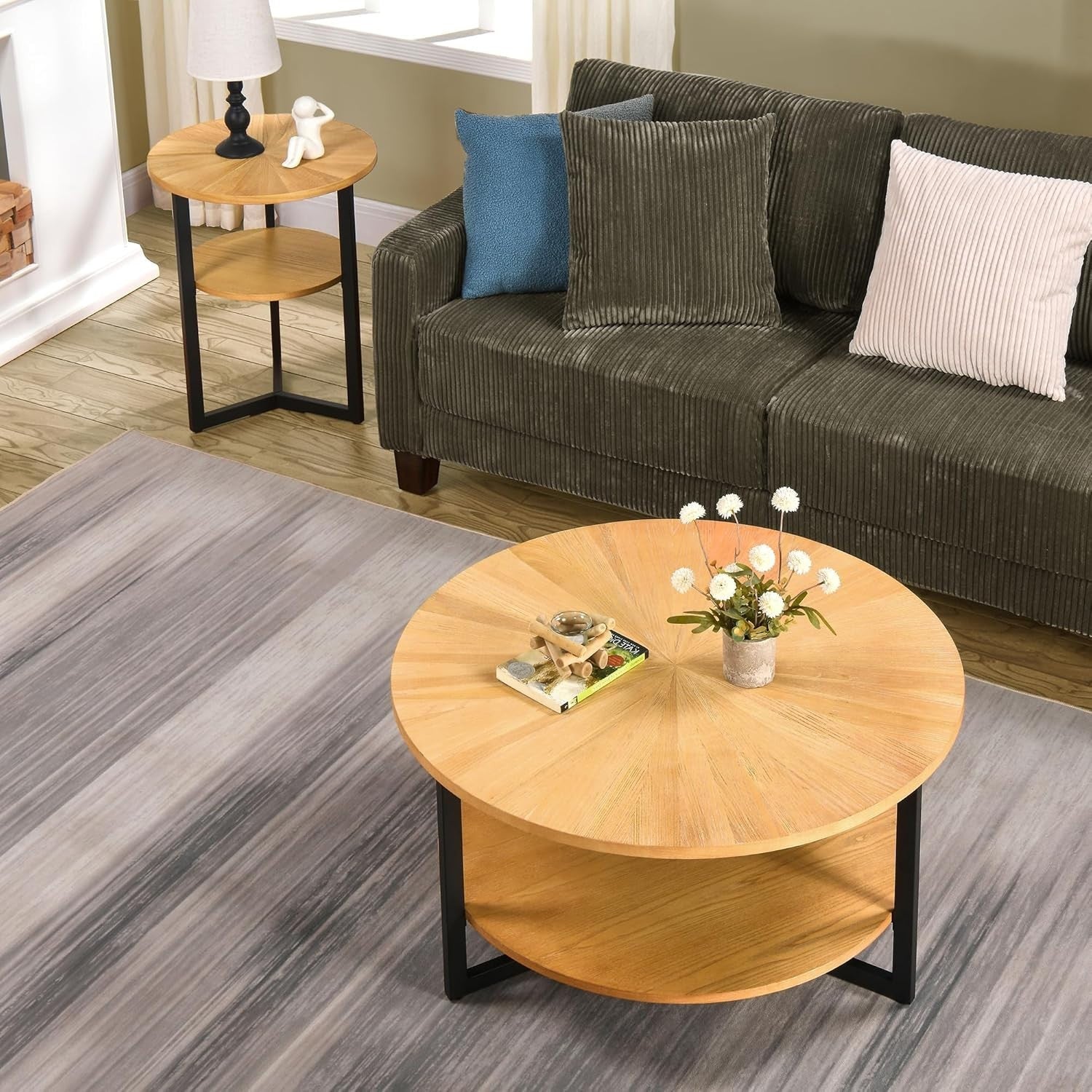 Round 2-Tier Solid Wood Coffee Table with Storage & Black Metal Legs 85cm
