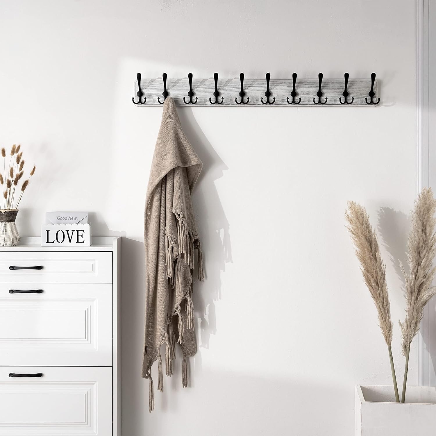 Weathered White Wooden Wall Coat Rack 38" | Heavy Duty 10 Hook Rustic Organizer