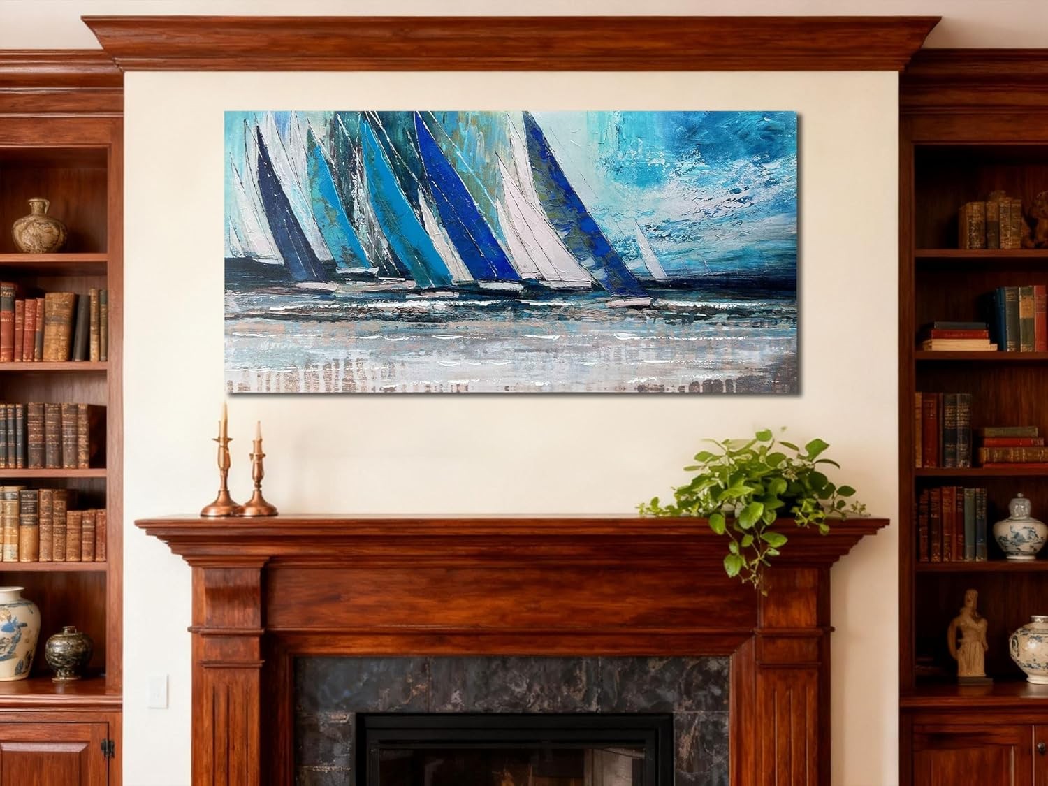 40×20″ Teal Ocean Sailboat Canvas Wall Art – Modern Nautical Decor