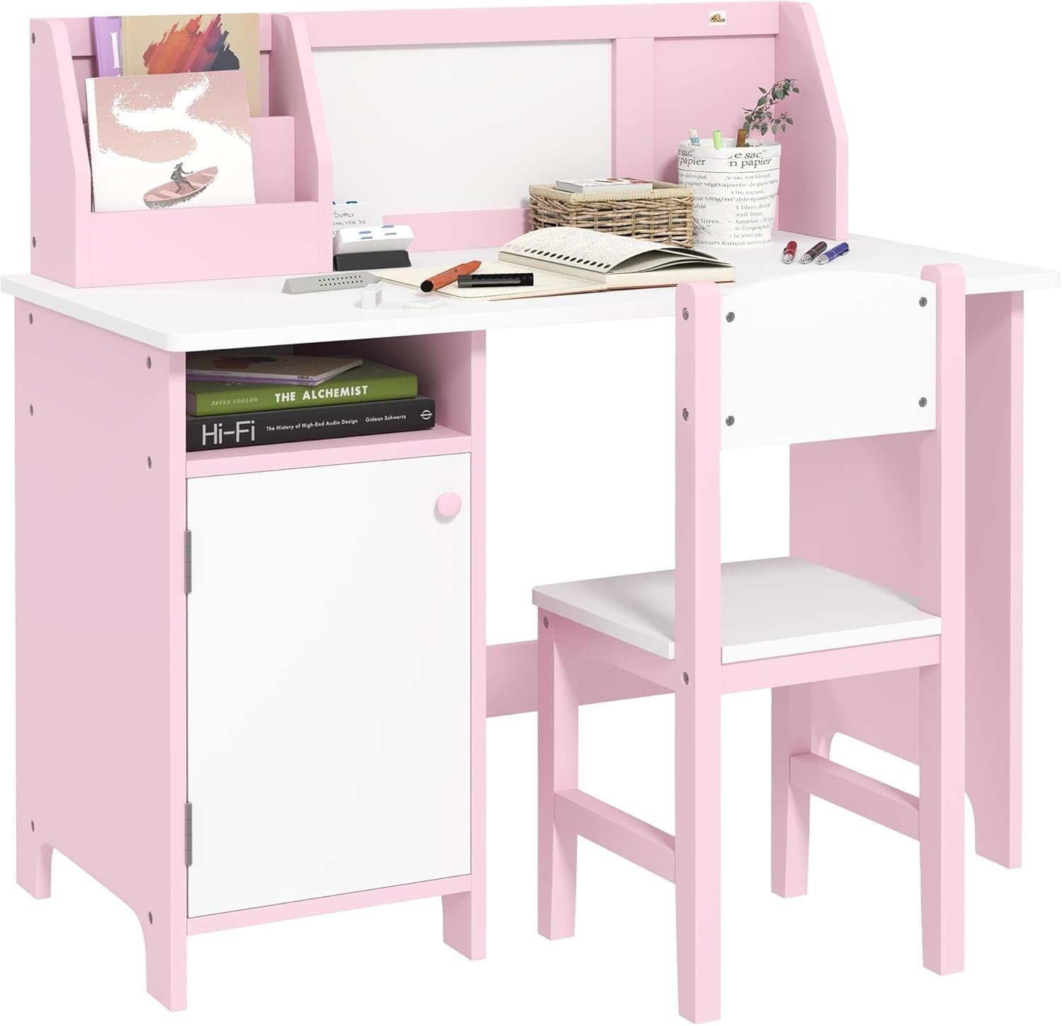 Kids Desk and Chair Set with Storage Whiteboard Study Table Furniture Pink