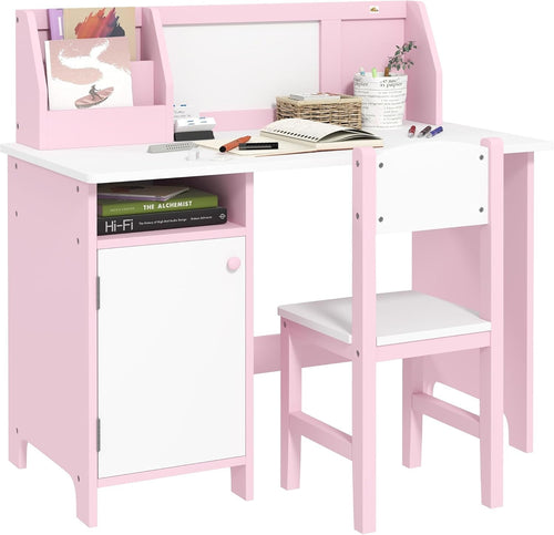 Kids Desk and Chair Set with Storage Whiteboard Study Table Furniture Pink