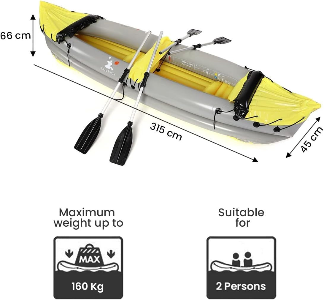 2 Person Inflatable Kayak Set w/ Oars Pump Seats Yellow Black